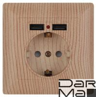 Розетка ЭРА Intro Solo Schuko P+E 16A 250V со шторками 2хUSB дерево 4-410-11 Б0043409