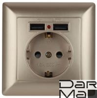 Розетка ЭРА Intro Solo Schuko P+E 16A 250V со шторками 2хUSB шампань 4-410-04 Б0043406