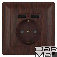 Розетка ЭРА Intro Solo Schuko P+E 16A 250V со шторками 2хUSB венге 4-410-10 Б0043408