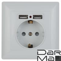 Розетка ЭРА Intro Solo Schuko P+E 16A 250V со шторками 2хUSB белый 4-410-01 Б0043403