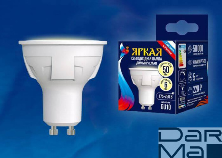 Лампа светодиодная диммируемая Uniel GU10 6W 3000K матовая LED-JCDR 6W/WW/GU10/FR/DIM PLP01WH UL-00003990
