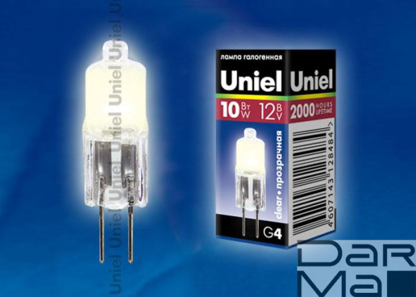 Лампа галогенная Uniel G4 10W прозрачная JC-12/10/G4 CL 00480