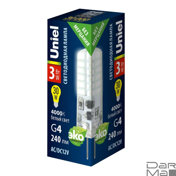 Лампа светодиодная Uniel G4 3W 3000K прозрачная LED-JC-12/3W/4000K/G4/CL SIZ05TR UL-00010367