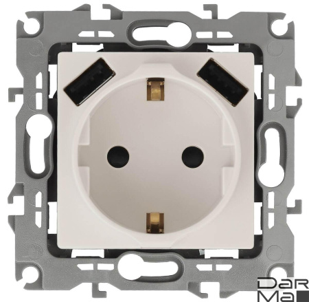 Розетка ЭРА Intro Solo Schuko P+E 16A 250V со шторками 2хUSB слоновая кость 12-4109-02 Б0047841