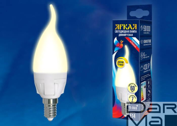 Лампа светодиодная диммируемая Uniel E14 7W 3000K матовая LED-CW37 7W/3000K/E14/FR/DIM PLP01WH UL-00004299
