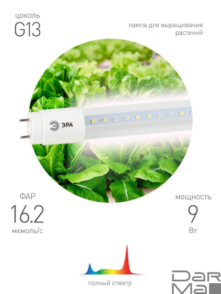 Лампа светодиодная для растений ЭРА G13 9W 1200K прозрачная Fito-9W-Ra90-Т8-G13-NL Б0042988