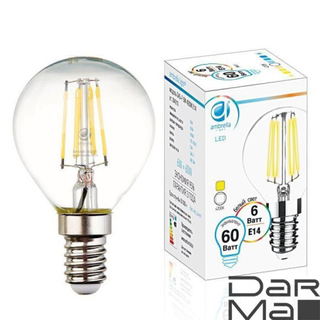 Лампа светодиодная филаментная Ambrella light E14 6W 4200K прозрачная 204215
