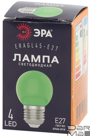 Лампа светодиодная ЭРА E27 1W 3000K зеленая ERAGL45-E27 Б0049574