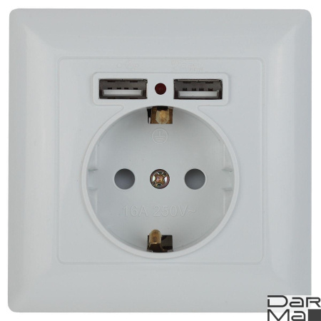 Розетка ЭРА Intro Solo Schuko P+E 16A 250V со шторками 2хUSB белый 4-410-01 Б0043403