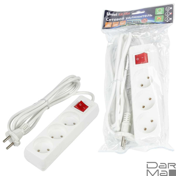Удлинитель Uniel Ultra 3гн х 2м б/з S-CU3-2B White UL-00009994