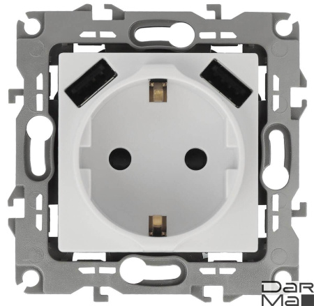 Розетка ЭРА Intro Solo Schuko P+E 16A 250V со шторками 2хUSB белый 12-4109-01 Б0047840