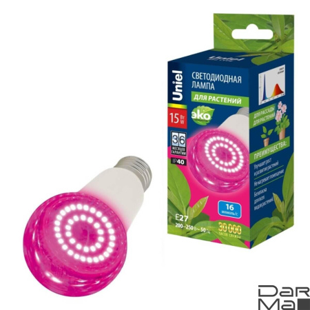 Лампа светодиодная для растений Uniel E27 15W прозрачная LED-A60-15W/SPSB/E27/CL PLP30WH UL-00010107
