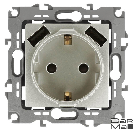 Розетка ЭРА Intro Solo Schuko P+E 16A 250V со шторками 2хUSB перламутр 12-4109-15 Б0047849