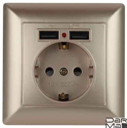 Розетка ЭРА Intro Solo Schuko P+E 16A 250V со шторками 2хUSB шампань 4-410-04 Б0043406