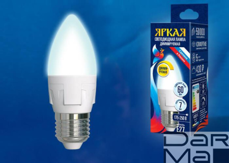Лампа светодиодная диммируемая Uniel E27 7W 4000K матовая LED-C37 7W/4000K/E27/FR/DIM PLP01WH UL-00004295
