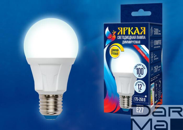 Лампа светодиодная диммируемая Uniel E27 12W 4000K матовая LED-A60 12W/4000K/E27/FR/DIM PLP01WH UL-00004289