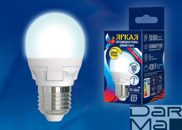 Лампа светодиодная диммируемая Uniel E27 7W 4000K матовая LED-G45 7W/4000K/E27/FR/DIM PLP01WH UL-00004301