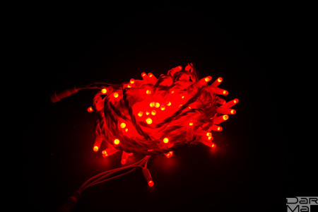 LED Гирлянда-нить (дюраплей) 10 м Красная 100 LED, флэш белый  Каучук б/провода