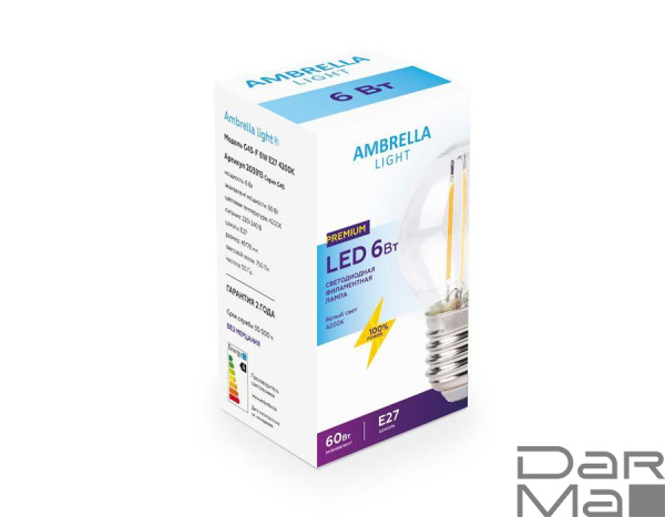 Лампа светодиодная филаментная Ambrella light E27 6W 4200K прозрачная 203915