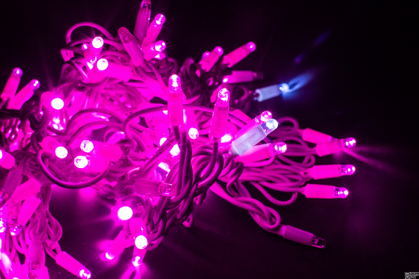 LED Гирлянда-нить (дюраплей) 10 м Розовая 100 LED, флэш белый  Каучук б/провода