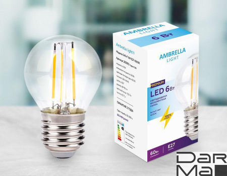 Лампа светодиодная филаментная Ambrella light E27 6W 4200K прозрачная 203915
