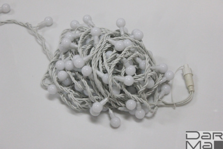 LED-PLR-100-15M-240V-R/WH  100 LED цвет красны, белые матовые шарики D2,5см, 15m, белый кауч.провод,