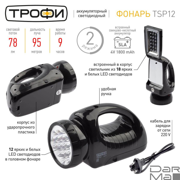 Фонарь-прожектор светодиодный ЭРА Трофи аккумуляторный 184х103х86 78 лм TSP12 C0045551