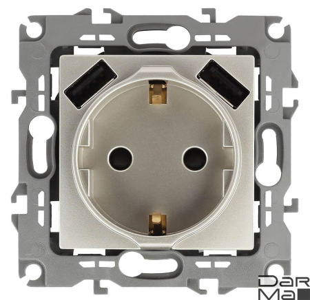 Розетка ЭРА Intro Solo Schuko P+E 16A 250V со шторками 2хUSB шампань 12-4109-04 Б0047843