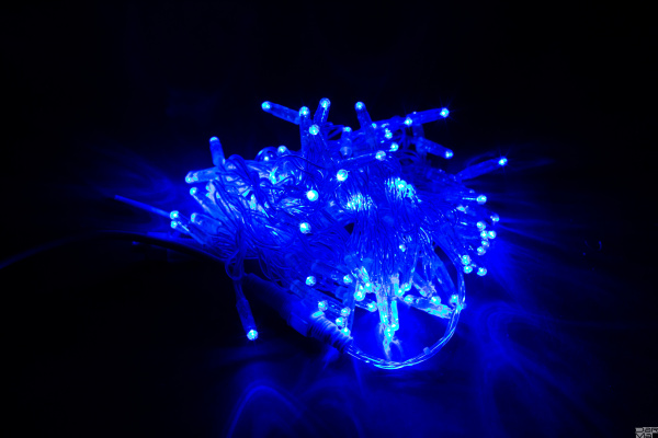 LED Гирлянда-нить (дюраплей) 10 м Синий 100 LED, флэш белый  Каучук 12V