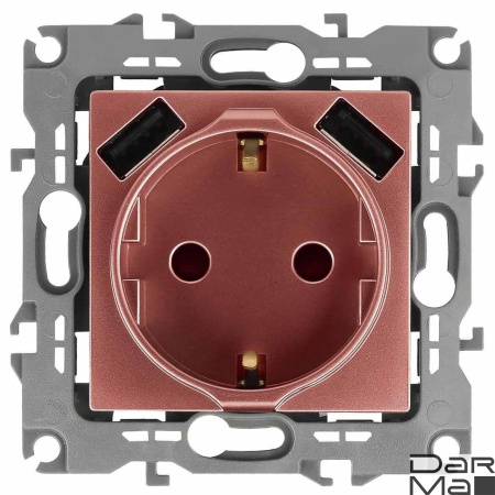 Розетка ЭРА Intro Solo Schuko P+E 16A 250V со шторками 2хUSB медь 12-4109-14 Б0047848