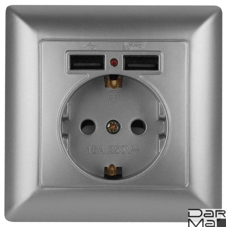 Розетка ЭРА Intro Solo Schuko P+E 16A 250V со шторками 2хUSB серебро 4-410-03 Б0043405