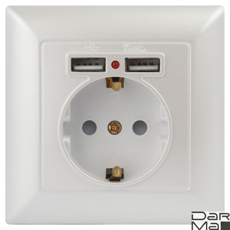 Розетка ЭРА Intro Solo Schuko P+E 16A 250V со шторками 2хUSB перламутровый 4-410-06 Б0053718