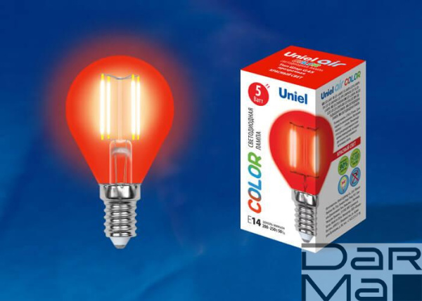 Лампа светодиодная филаментная Uniel E14 5W красная LED-G45-5W/RED/E14 GLA02RD UL-00002985
