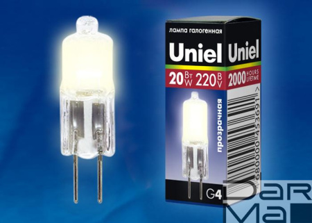 Лампа галогенная Uniel G4 20W прозрачная JC-220/20/G4 CL 01822