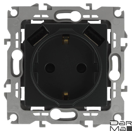Розетка ЭРА Intro Solo Schuko P+E 16A 250V со шторками 2хUSB антрацит 12-4109-05 Б0047844