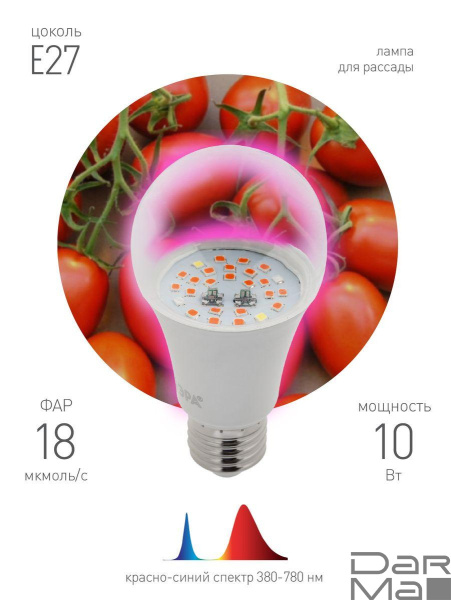 Лампа светодиодная для растений ЭРА E27 10W 1310K прозрачная Fito-10W-RB-E27 Б0050600