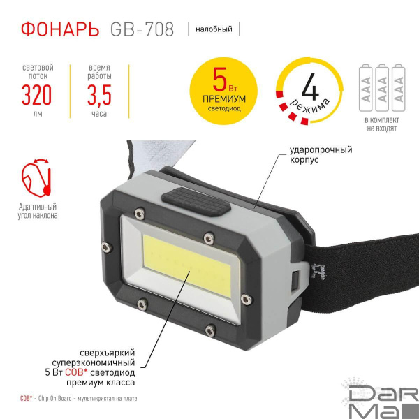 Налобный светодиодный фонарь ЭРА Шторм от батареек 30х30х63 320 лм GB-708 Б0052750