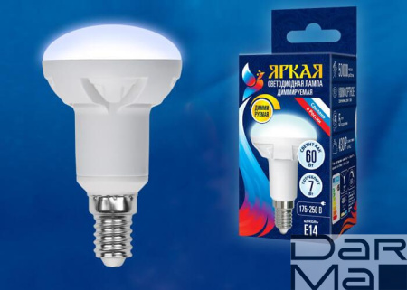 Лампа светодиодная диммируемая Uniel E14 7W 4000K матовая LED-R50 7W/4000K/E14/FR/DIM PLP01WH UL-00004709