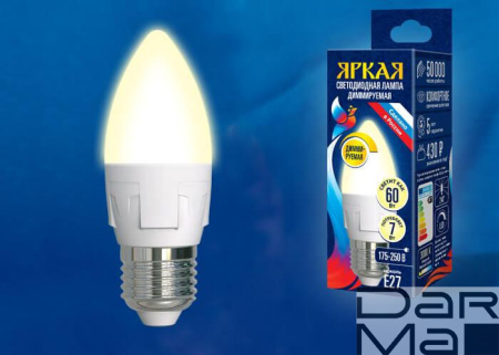 Лампа светодиодная диммируемая Uniel E27 7W 3000K матовая LED-C37 7W/3000K/E27/FR/DIM PLP01WH UL-00004297