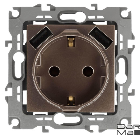 Розетка ЭРА Intro Solo Schuko P+E 16A 250V со шторками 2хUSB бронза 12-4109-13 Б0047847