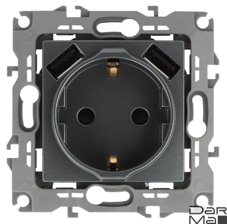 Розетка ЭРА Intro Solo Schuko P+E 16A 250V со шторками 2хUSB графит 12-4109-12 Б0047846