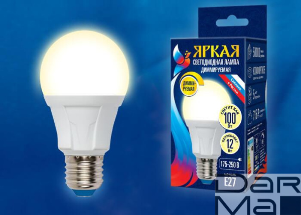 Лампа светодиодная диммируемая Uniel E27 12W 3000K матовая LED-A60 12W/3000K/E27/FR/DIM PLP01WH UL-00004290