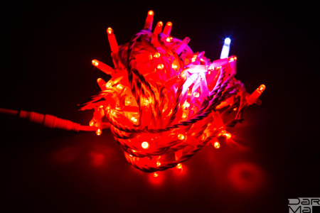LED Гирлянда-нить (дюраплей) 10 м Красная 100 LED, флэш белый  Каучук 12V