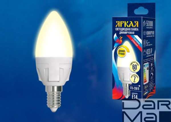 Лампа светодиодная диммируемая Uniel E14 7W 3000K матовая LED-C37 7W/3000K/E14/FR/DIM PLP01WH UL-00004296