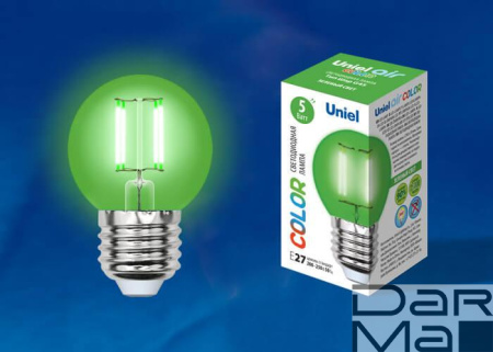 Лампа светодиодная филаментная Uniel E27 5W зеленая LED-G45-5W/GREEN/E27 GLA02GR UL-00002988