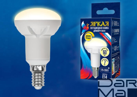 Лампа светодиодная диммируемая Uniel E14 7W 3000K матовая LED-R50 7W/3000K/E14/FR/DIM PLP01WH UL-00004710