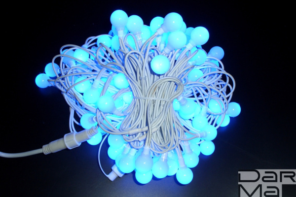 LED-PLR-100-15M-240V-B/WH  100 LED цвет синий, белые матовые шарики D2,5см, 15m, белый кауч.провод,