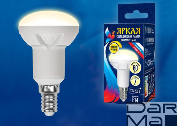 Лампа светодиодная диммируемая Uniel E14 7W 3000K матовая LED-R50 7W/3000K/E14/FR/DIM PLP01WH UL-00004710