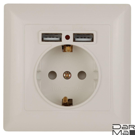 Розетка ЭРА Intro Solo Schuko P+E 16A 250V со шторками 2хUSB слоновая кость 4-410-02 Б0043404